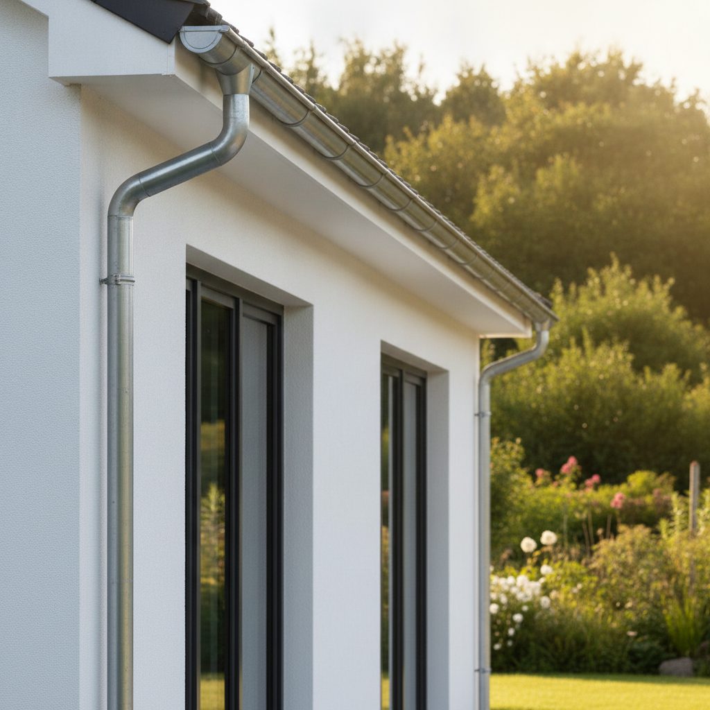 Clean new rain gutters along the eaves of a bright modern house